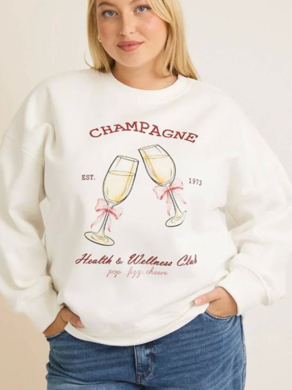 GILLI “Champagne Health Wellness Club” Sweatshirt Cream NWT Graphic Long Sleeve